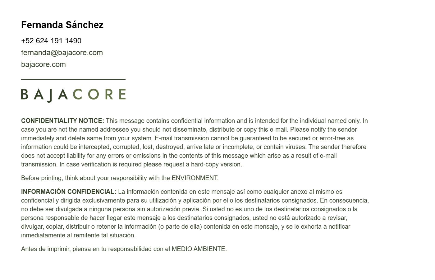 Firma de correo de Bajacore: nombre, contacto, filete, logo BAJACORE de dos tonos y aviso de confidencialidad